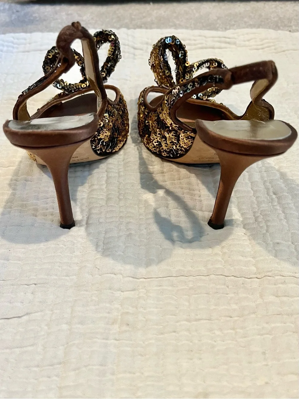 Kate Spade New York Gold Brown Sequin Bow Carly High Heels Open Toe Shoes 6
